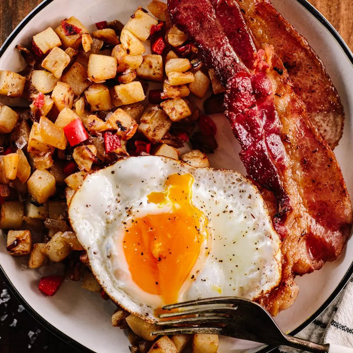 Flat Top Fired Eggs and Bacon with Hash Browns