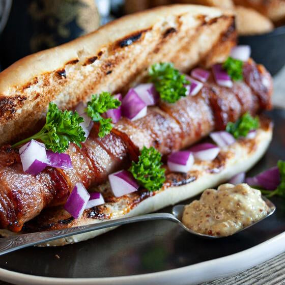 HOTDOGS WRAPPED WITH BACON & STUFFED WITH CHEESE